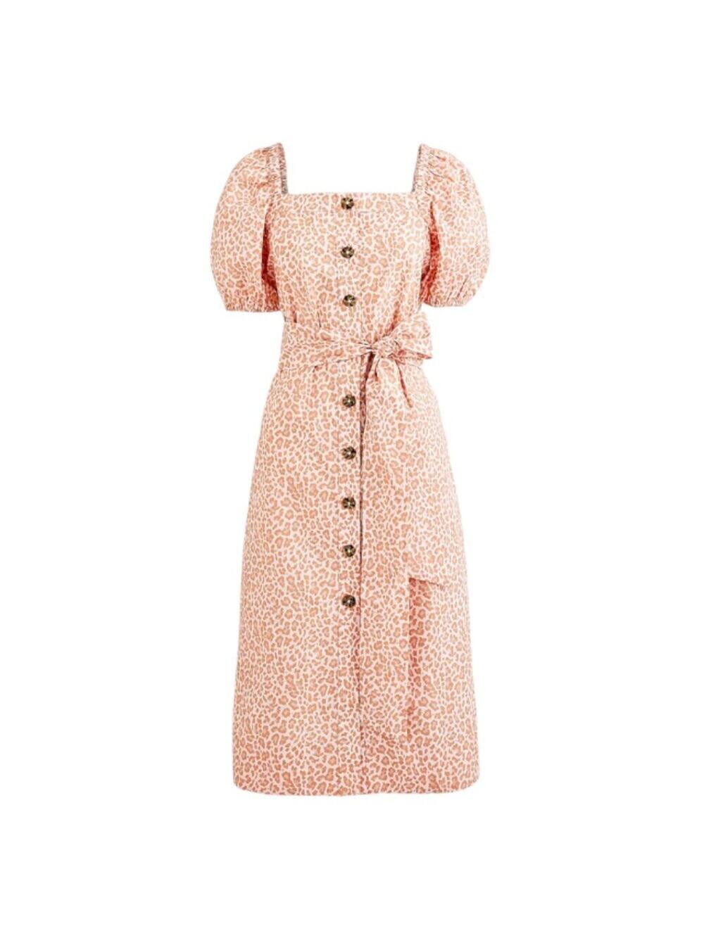 J. Crew Cottage Dress Pink Leopard Cotton Short Puff Sleeves Button Down Size S